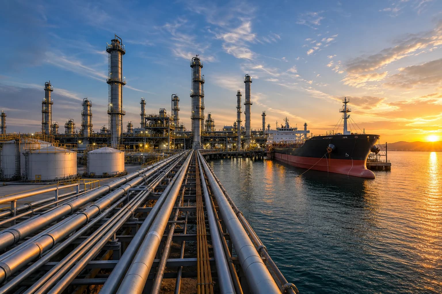 Petroleum refinery and tanker ship at sunset