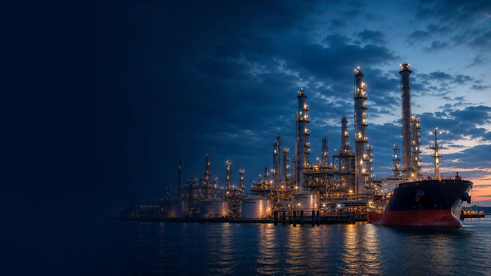 Modern petroleum refinery and tanker at dusk